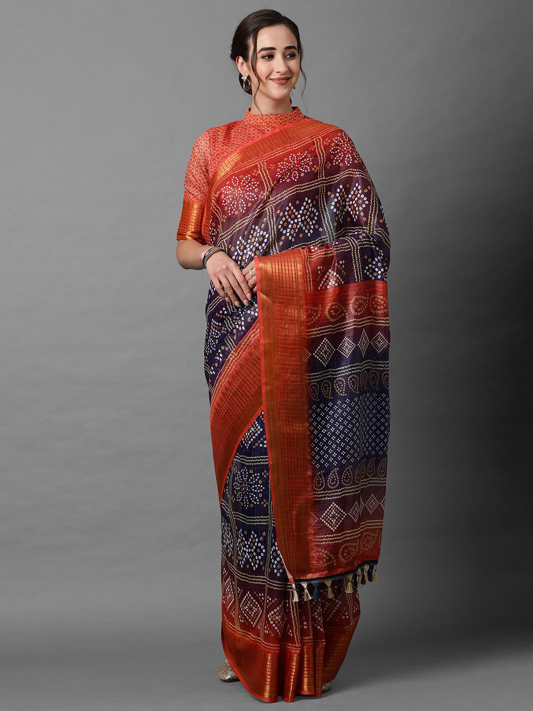Mitera Navy Blue & Orange Bandhani Zari Linen Blend Bandhani Saree