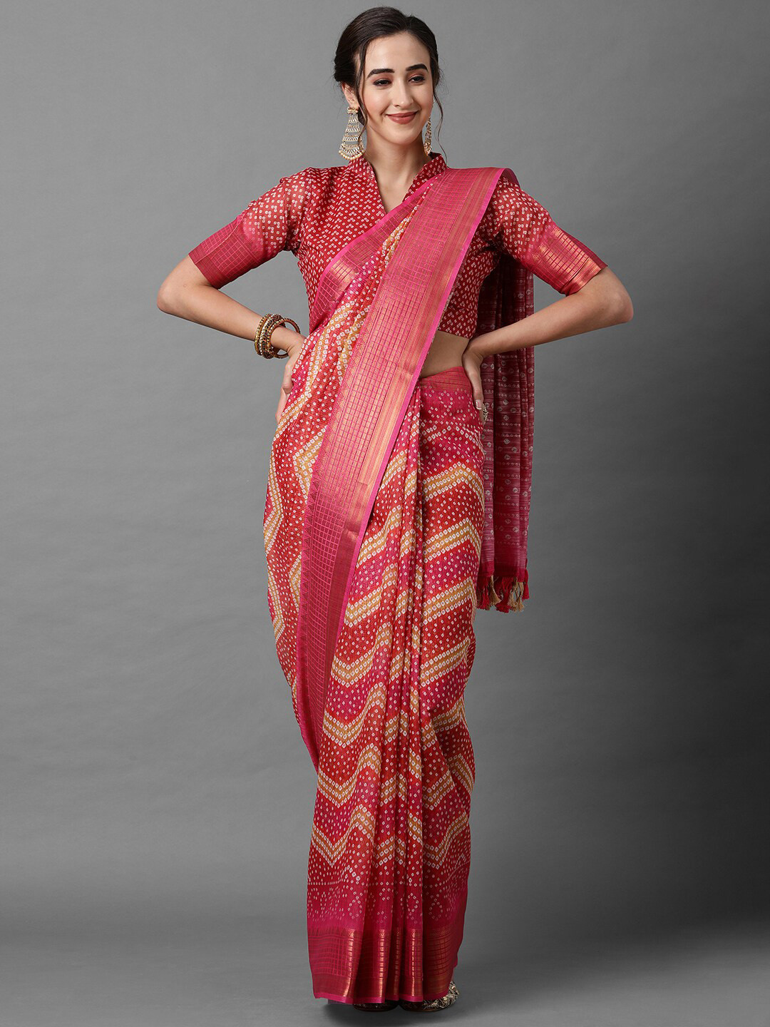 Mitera Pink & Off White Bandhani Zari Linen Blend Bandhani Saree