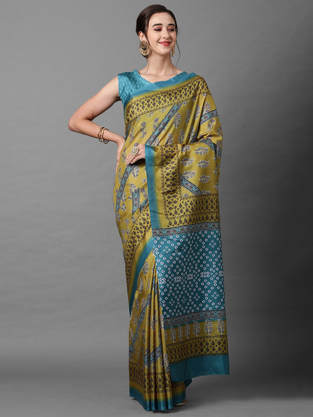 Mitera Mustard & Teal Ethnic Motifs Silk Blend Saree