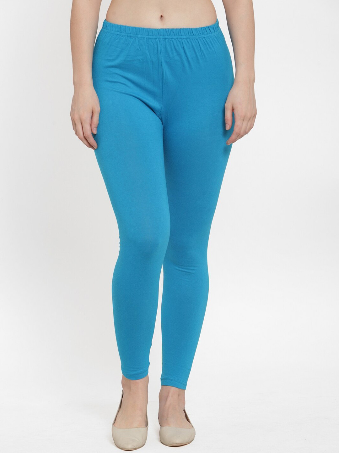 GRACIT Women Turquoise Blue Solid Super Combed Cotton Ankle-Length Leggings