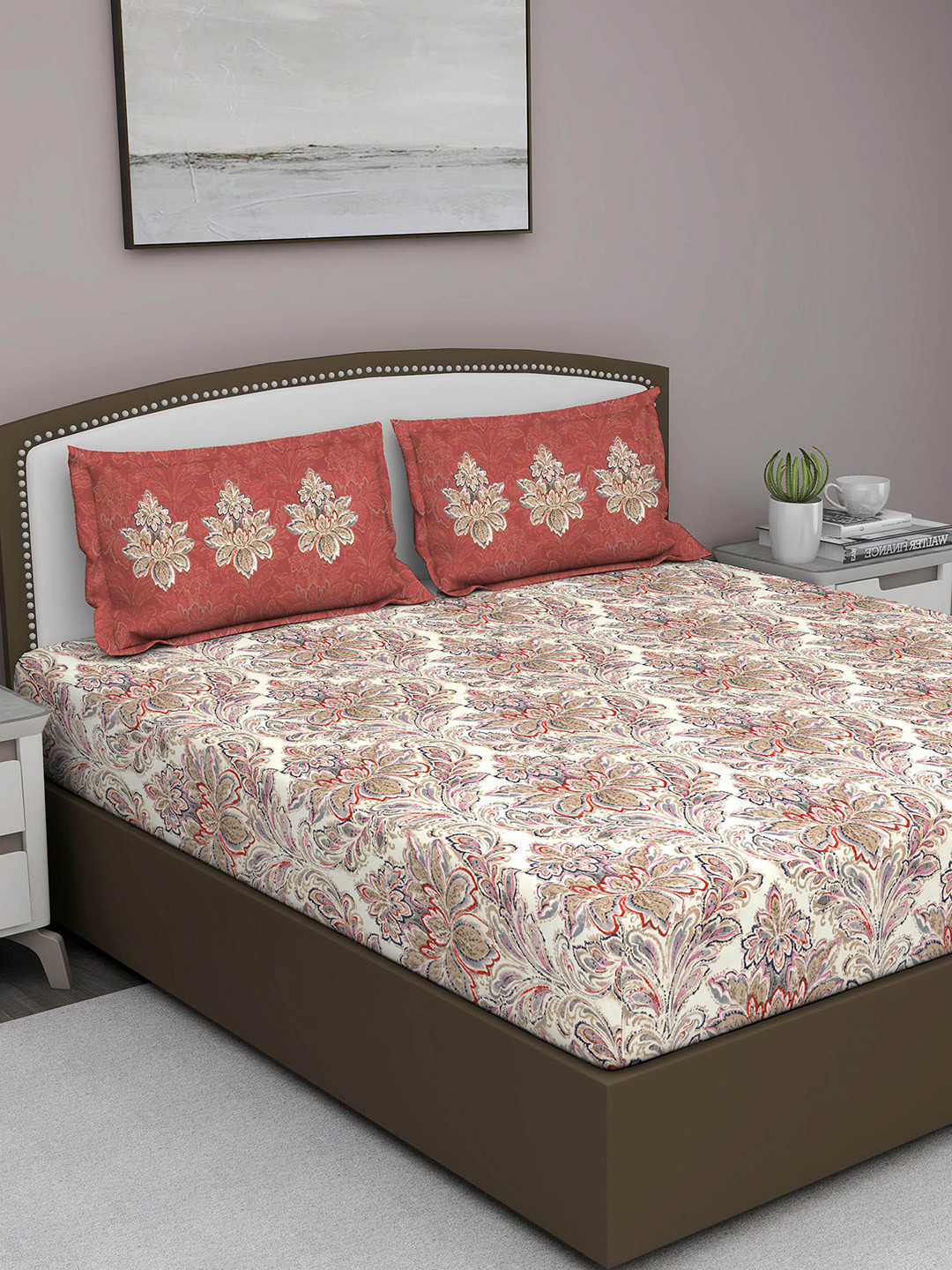 GM Serene White Ethnic Motifs Cotton 210 TC King Fine Bedsheet with 2 Pillow Covers-43 x 43 inches