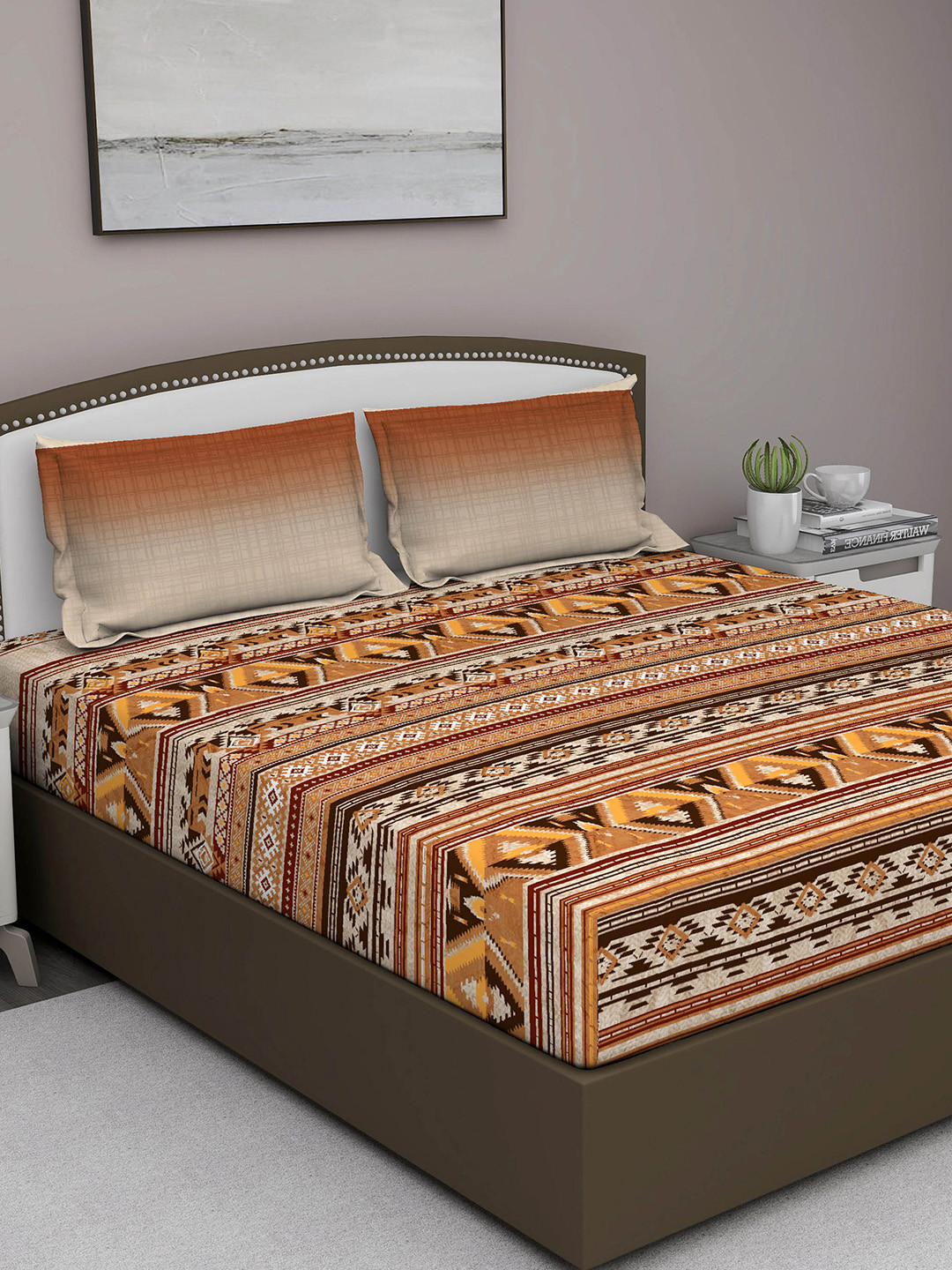 GM Serene Brown Geometric Cotton 210 TC King Bedsheet with 2 Pillow Covers-90 x 108 inches