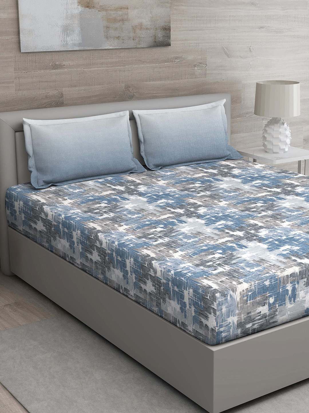 GM Blue Abstract Cotton 144 TC King Bedsheet with 2 Pillow Covers-228 x 274 cm