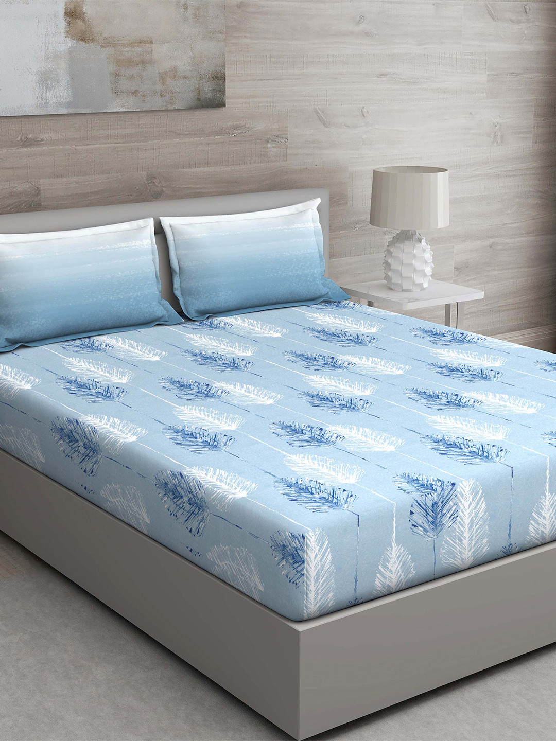 GM Regal Blue Floral Cotton 144 TC Fitted King Bedsheet with 2 Pillow Covers-90 x 108 inches
