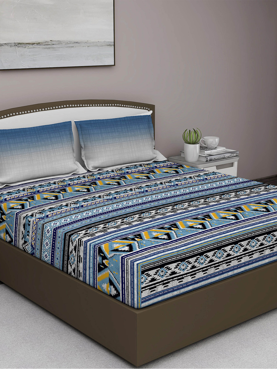GM Serene Blue Ethnic Motifs Cotton 210 TC King Fine Bedsheet with 2 Pillow Covers-229 x 274 cm