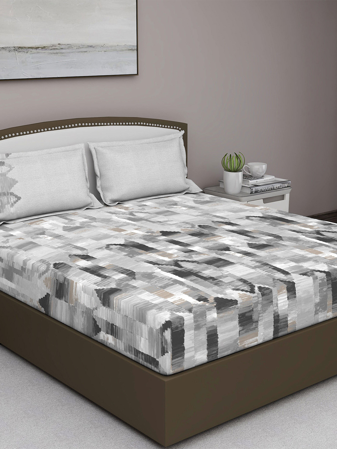 GM Fiesta Grey Geometric Cotton 180 TC King Fine Bedsheet with 2 Pillow Covers-90 x 108 inches