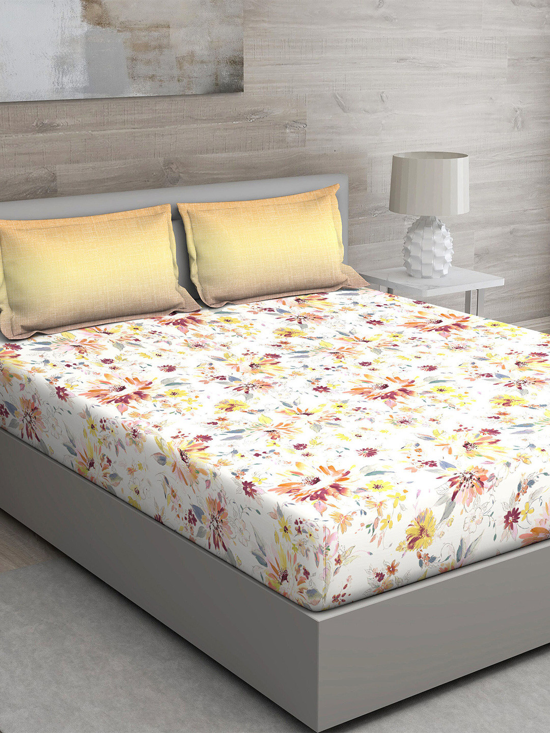 GM Regal White Floral Cotton 144 TC Queen Bedsheet with 2 Pillow Covers-90 x 108 inches