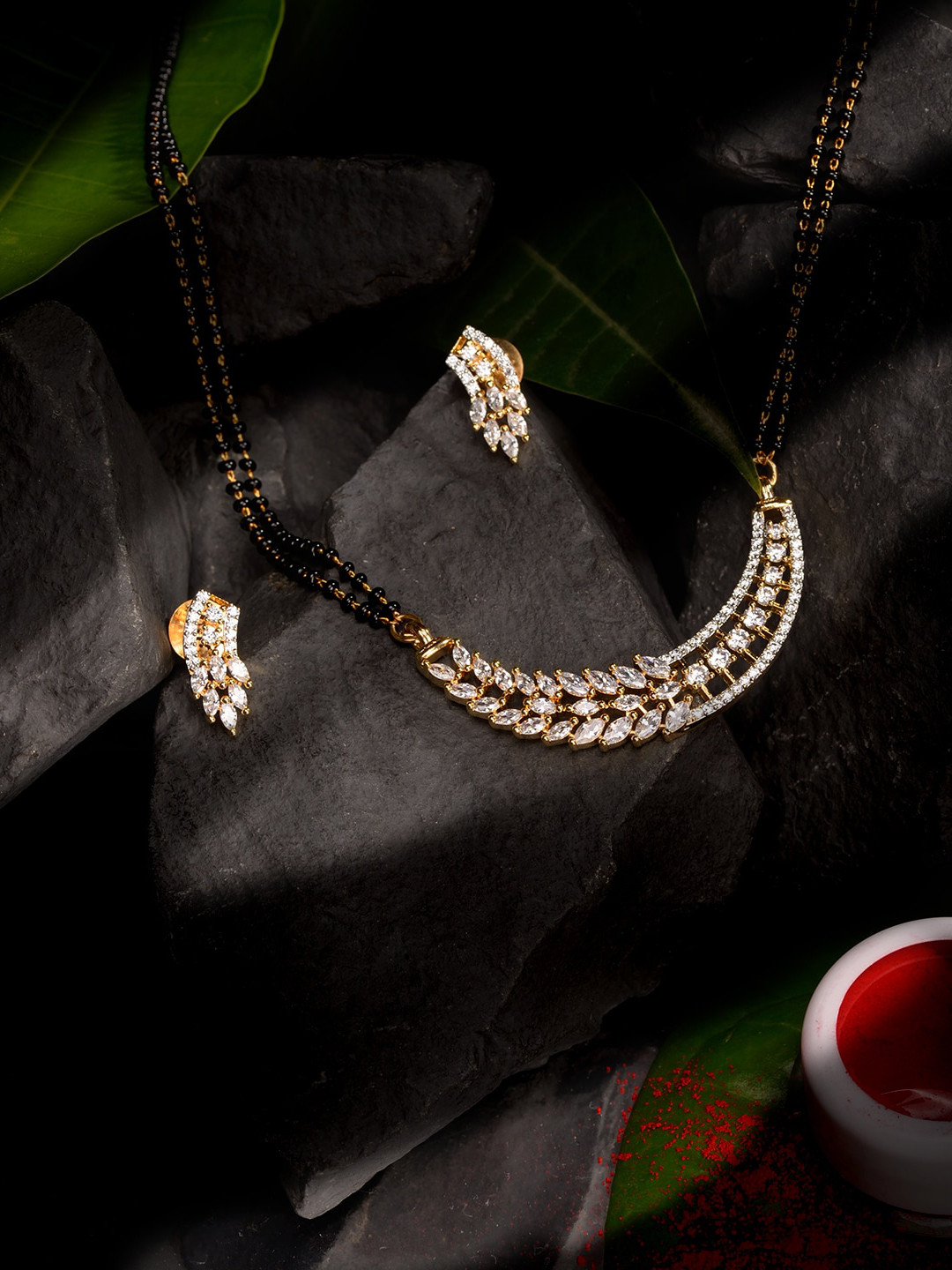 Saraf RS Jewellery Gold-Plated & Black Beaded & AD Studded Mangalsurta & Earrings Set