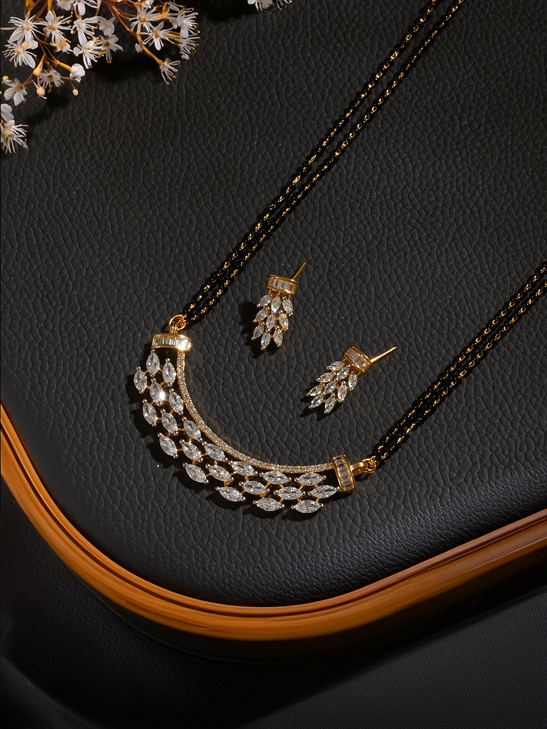 Saraf RS Jewellery Gold-Plated Black & White AD-Studded Mangalsutra With Earring