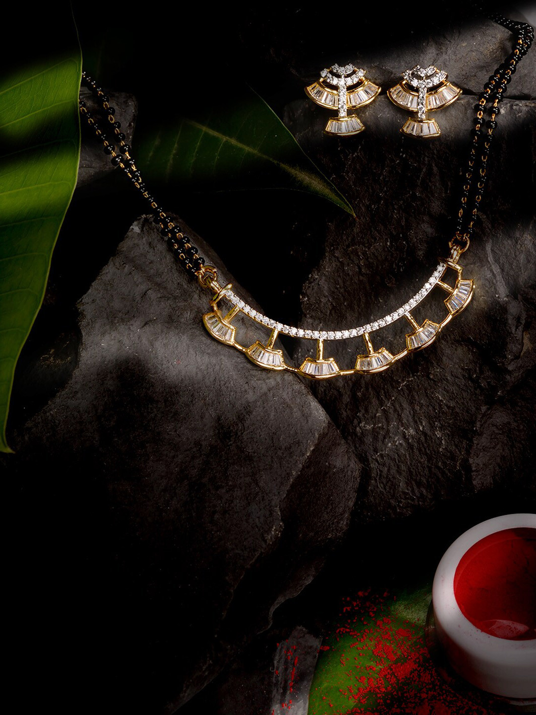 Saraf RS Jewellery Gold-Plated & Black Beads AD Studded Mangalsurta & Earrings Set