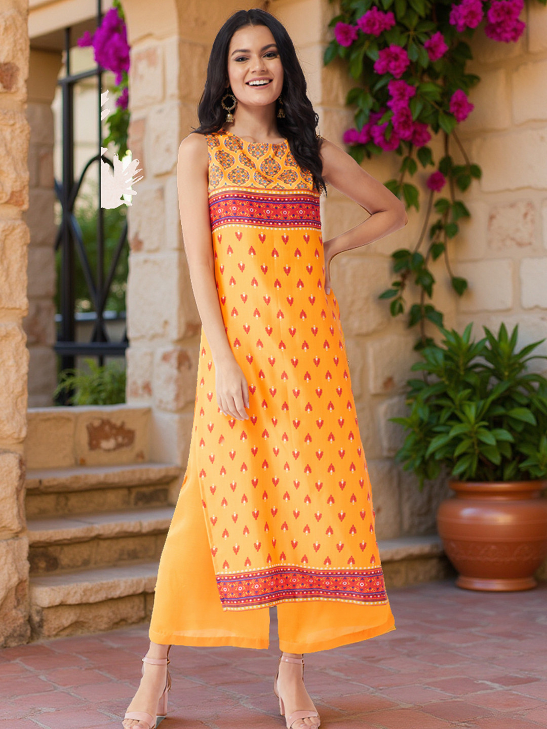 Pannkh Women Yellow & Pink Ethnic Motifs Digital Printed A-Line Kurta