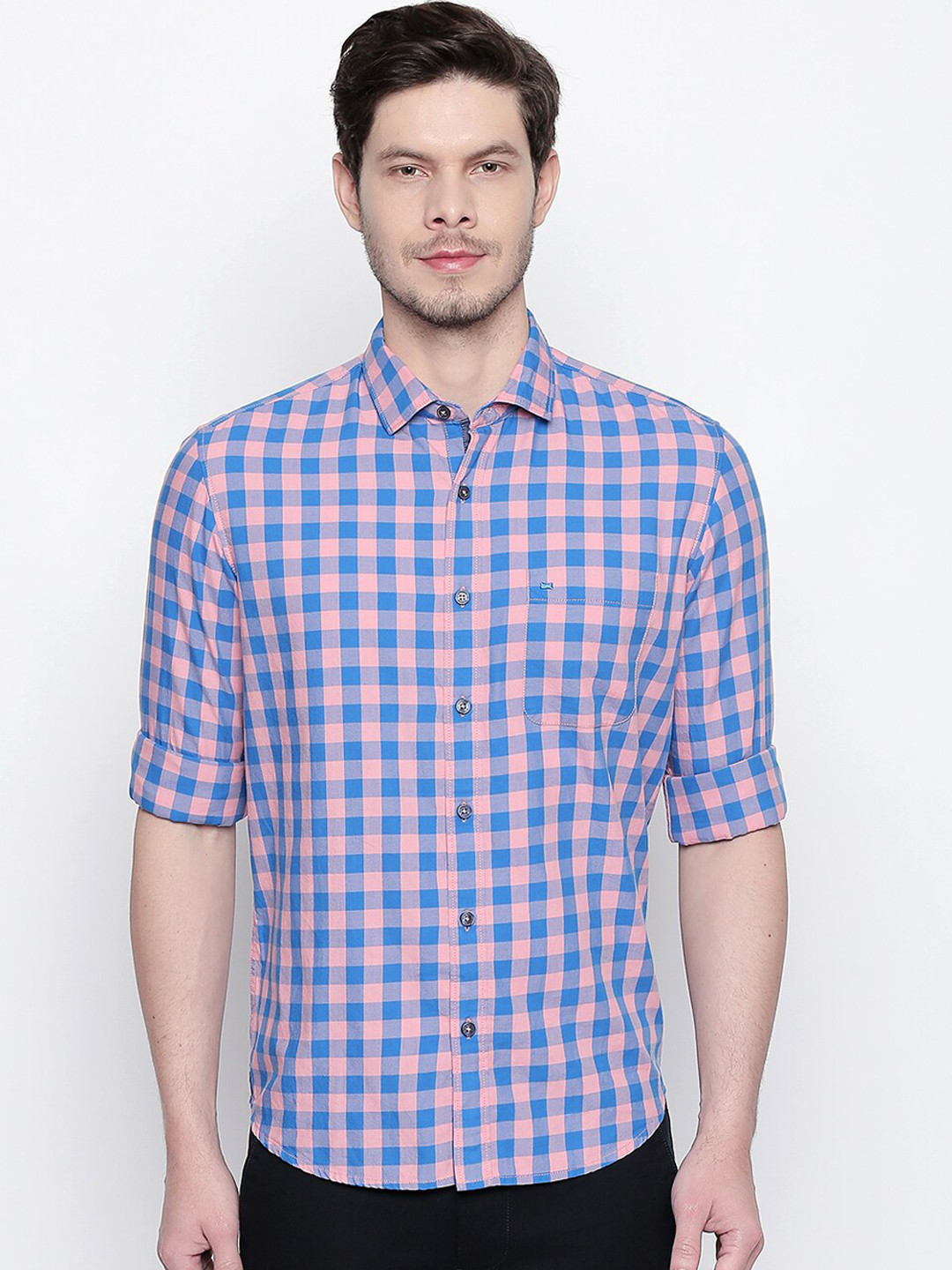 Basics Men Pink Slim Fit Gingham Checks Checked Casual Shirt