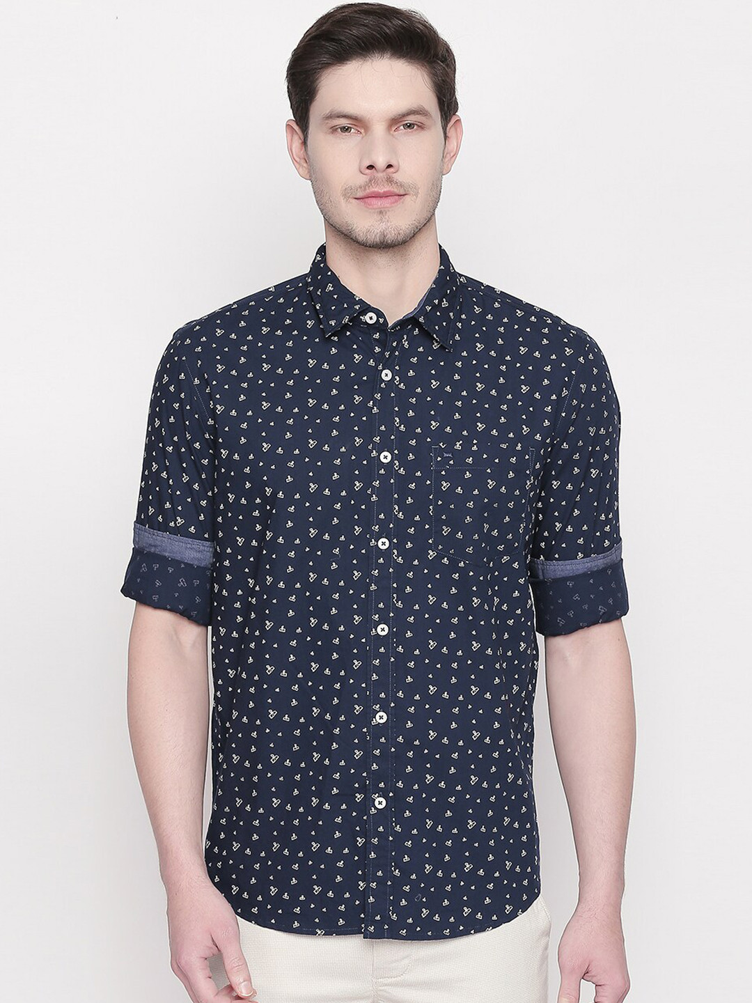 Basics Men Navy Blue Slim Fit Printed Casual Shirt