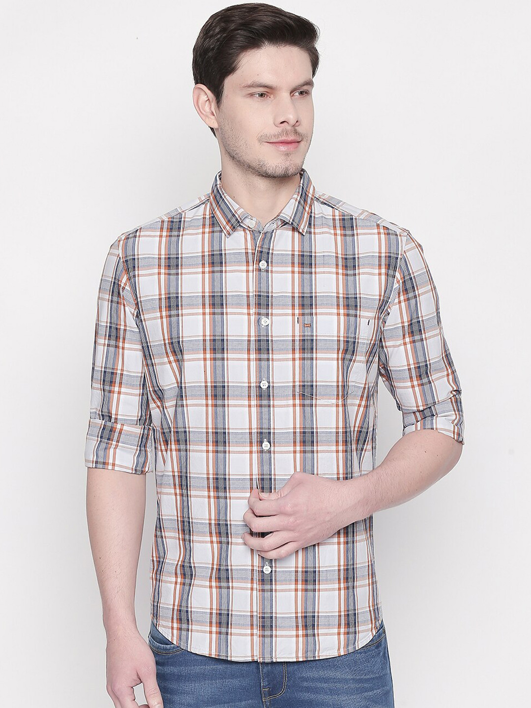 Basics Men Blue Slim Fit Tartan Checks Checked Casual Shirt
