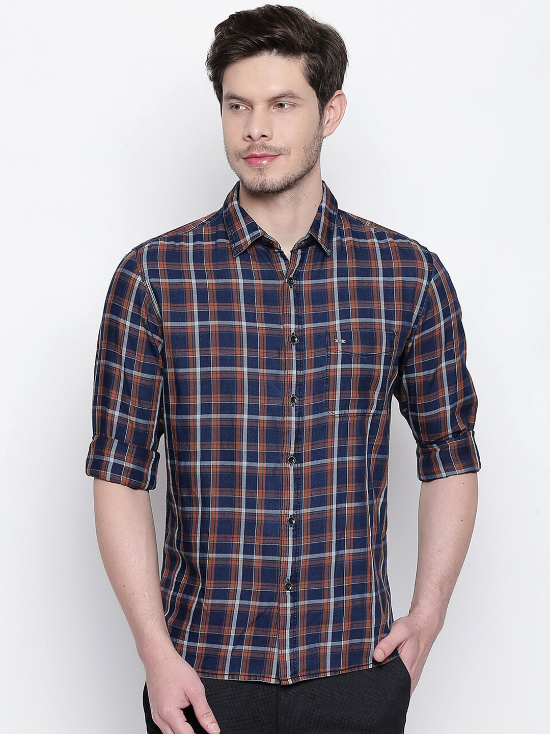 Basics Men Brown Slim Fit Tartan Checks Checked Casual Shirt