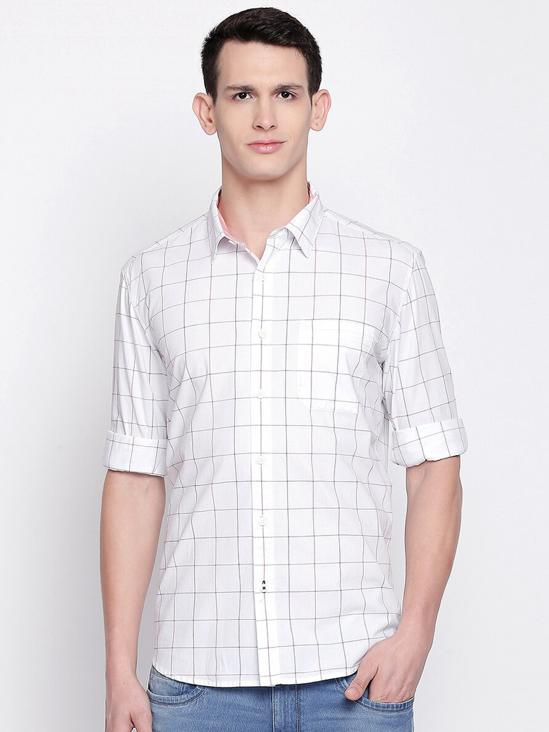 Basics Men White Slim Fit Windowpane Checks Checked Casual Shirt