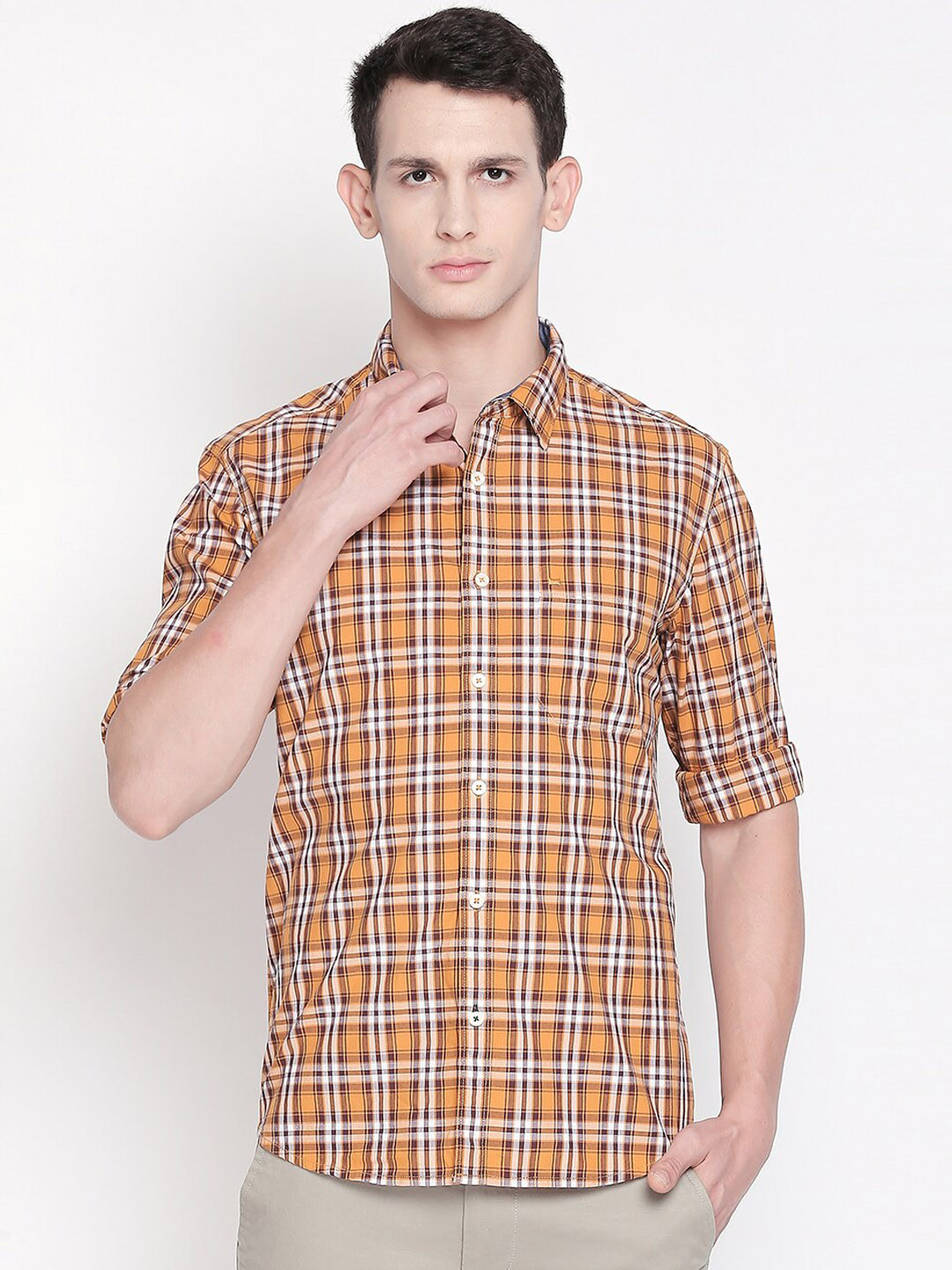 Basics Men Orange Slim Fit Checked Casual Shirt