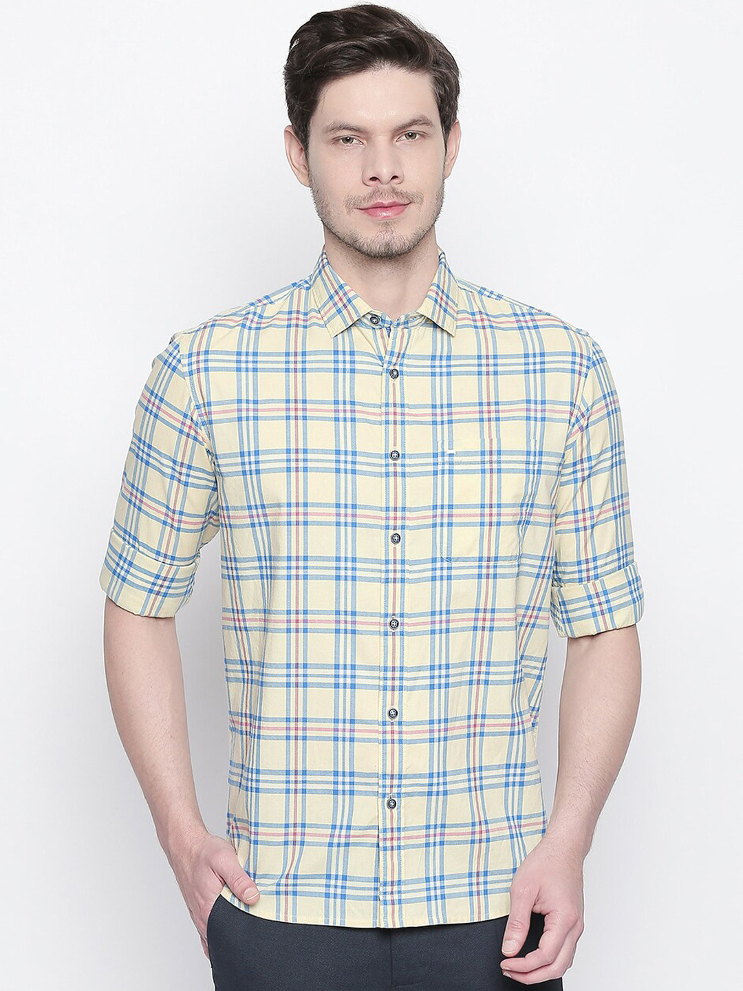 Basics Men Yellow Slim Fit Tartan Checks Checked Casual Shirt