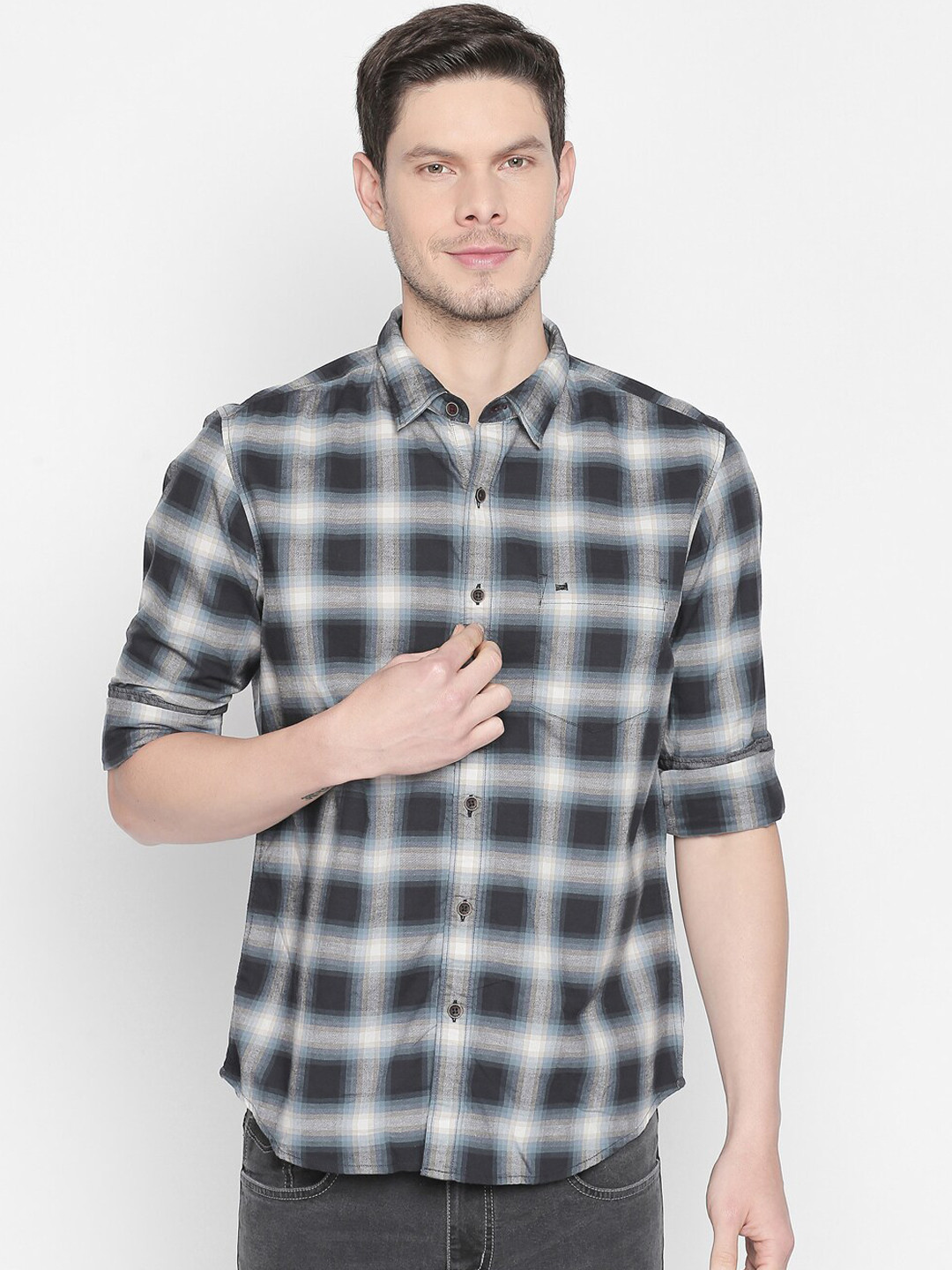 Basics Men Grey & Black Slim Fit Checked Casual Shirt