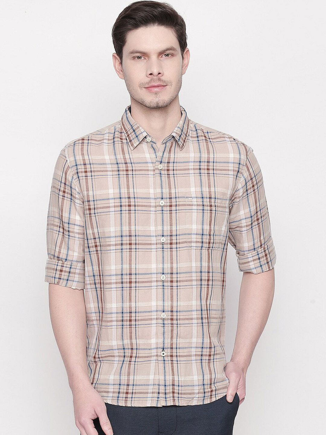 Basics Men Beige Slim Fit Tartan Checked Casual Shirt