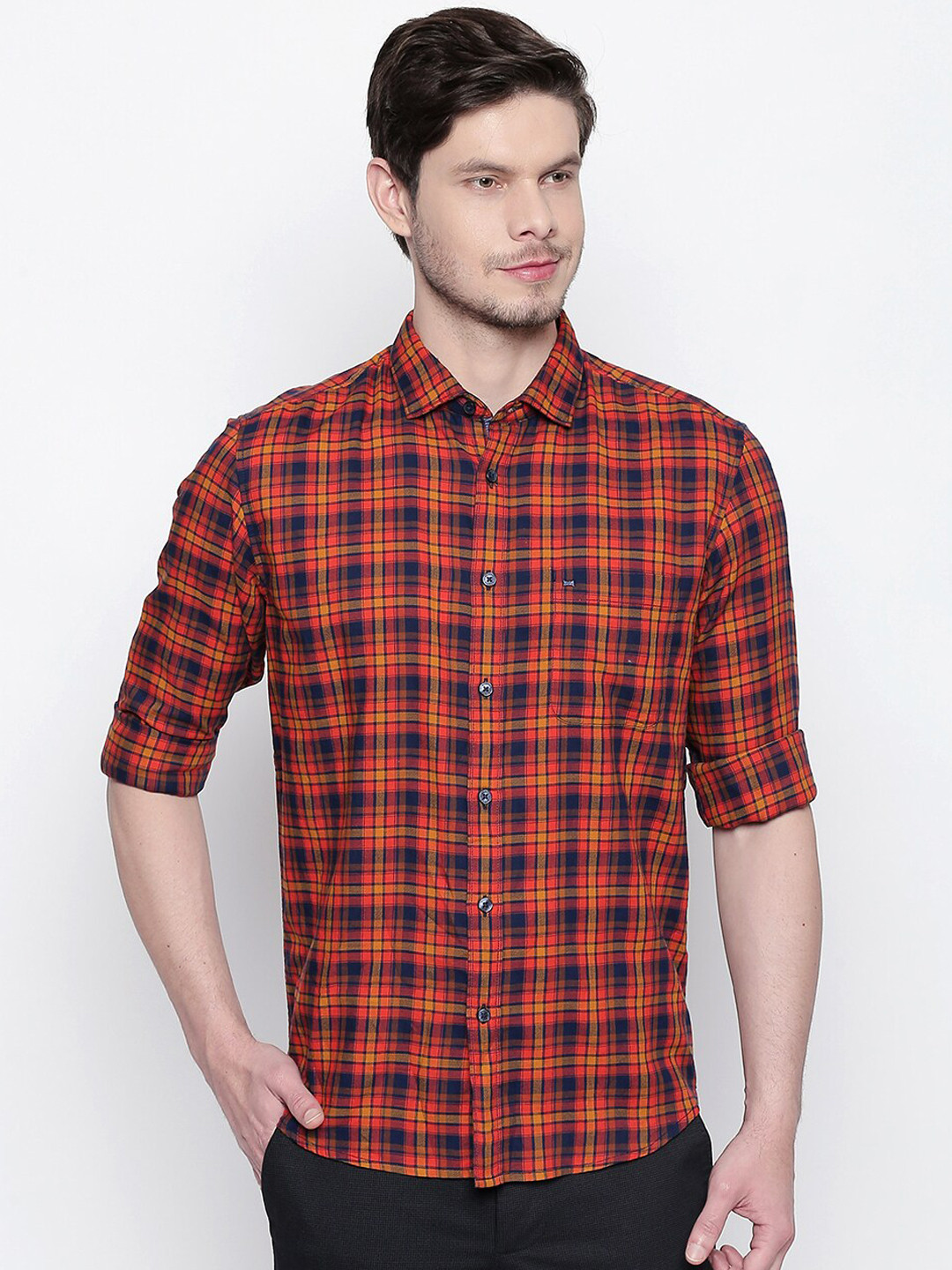Basics Multicoloured Slim Fit Tartan Checked Casual Shirt