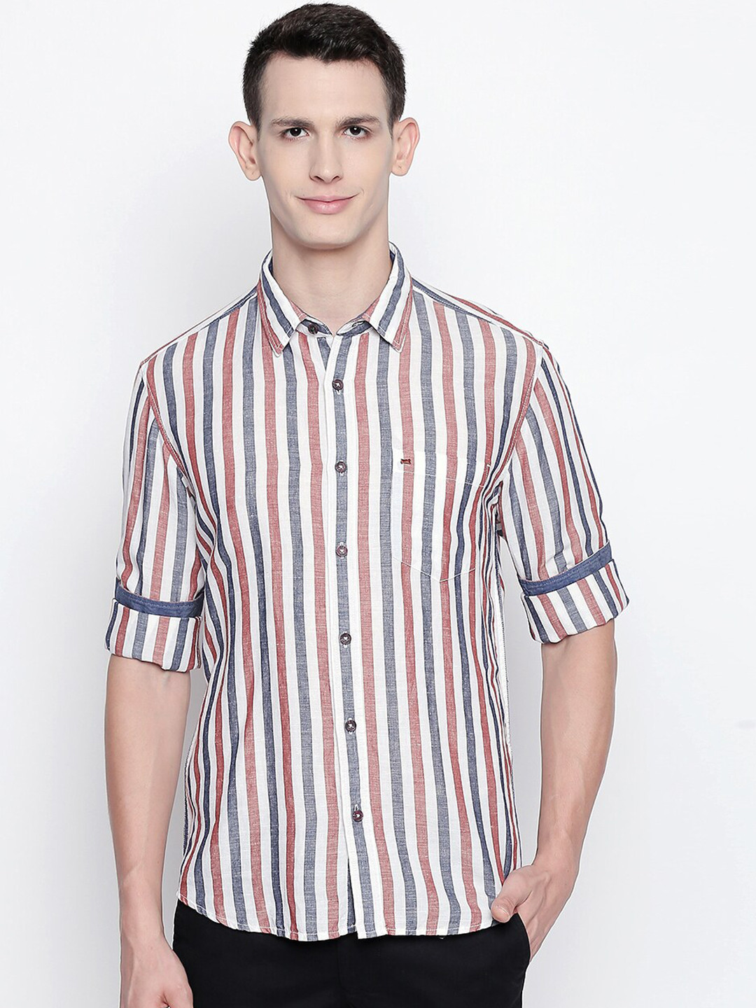 Basics Men White and Red Slim Fit Striped Casual Shirt