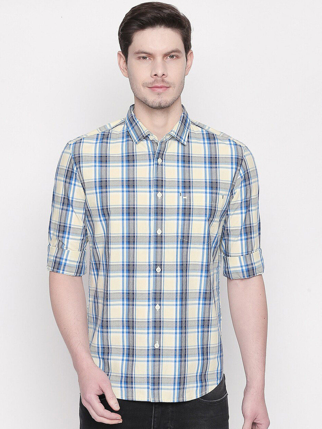 Basics Men Yellow and Blue Slim Fit Tartan Checked Casual Shirt