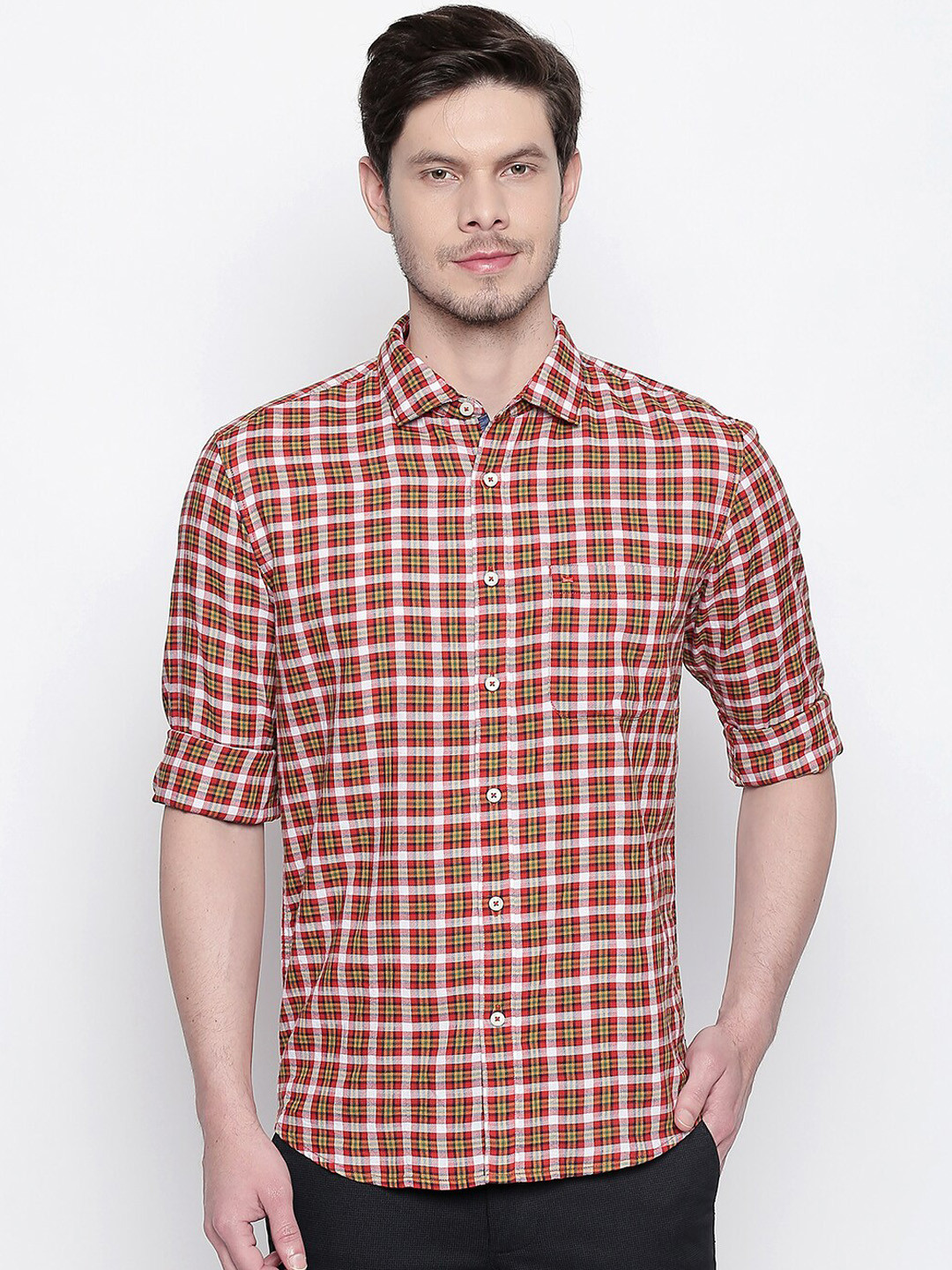Basics Men Red and Yellow Slim Fit Checked Casual Shirt