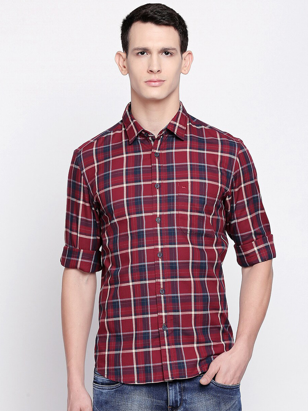 Basics Men Maroon and Navy Blue Slim Fit Checked Casual Shirt