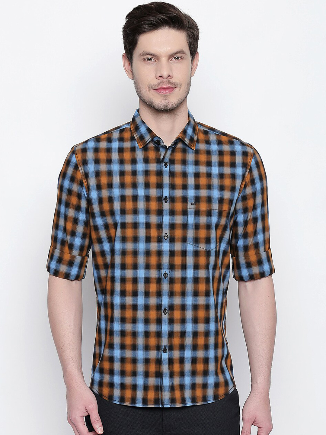 Basics Men Yellow and Blue Slim Fit Checked Casual Shirt