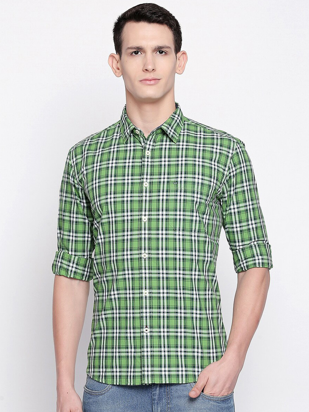 Basics Men Green and White Slim Fit Tartan Checked Casual Shirt