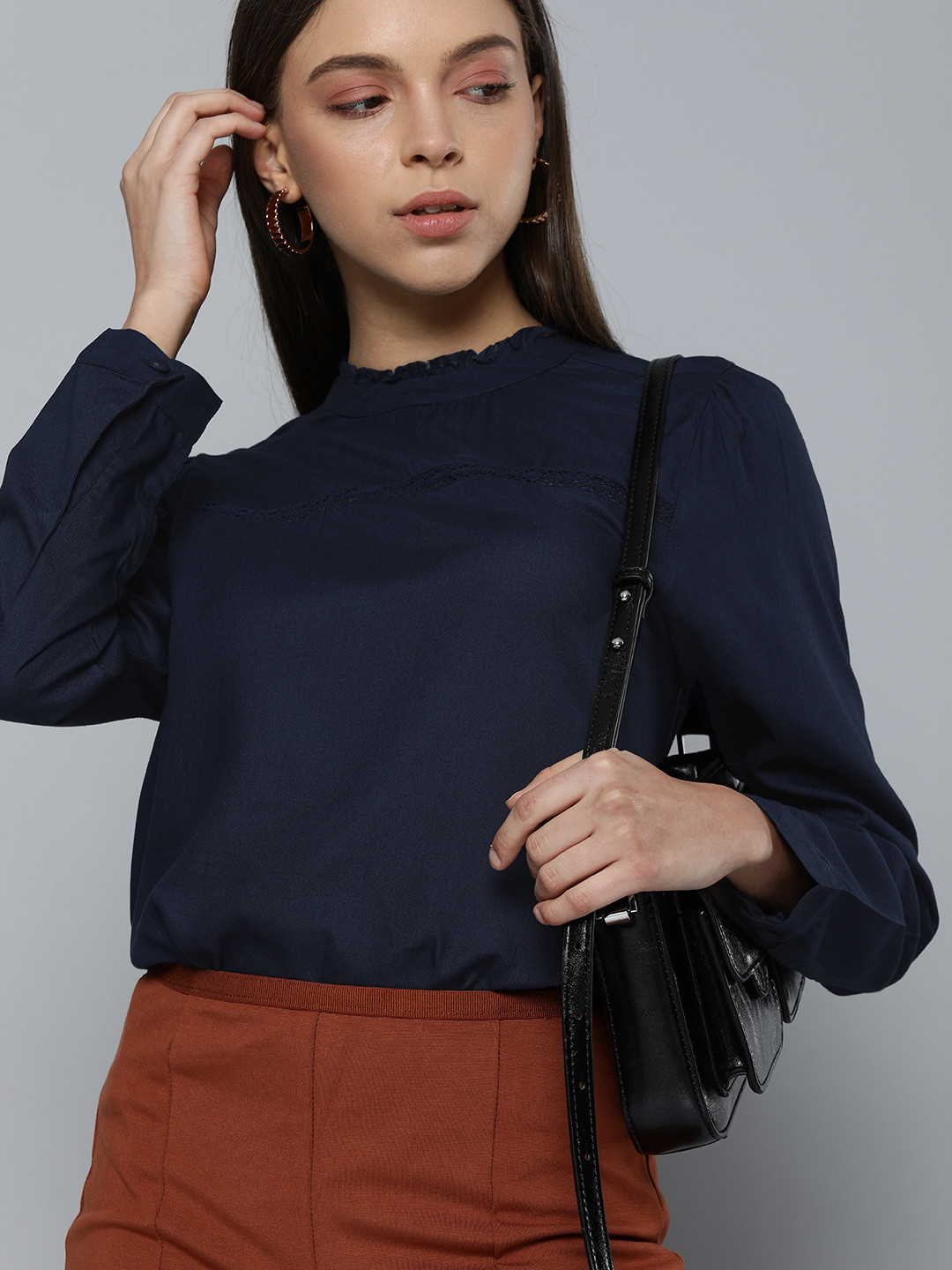 Chemistry Navy Blue High Neck Lace Detailed Top