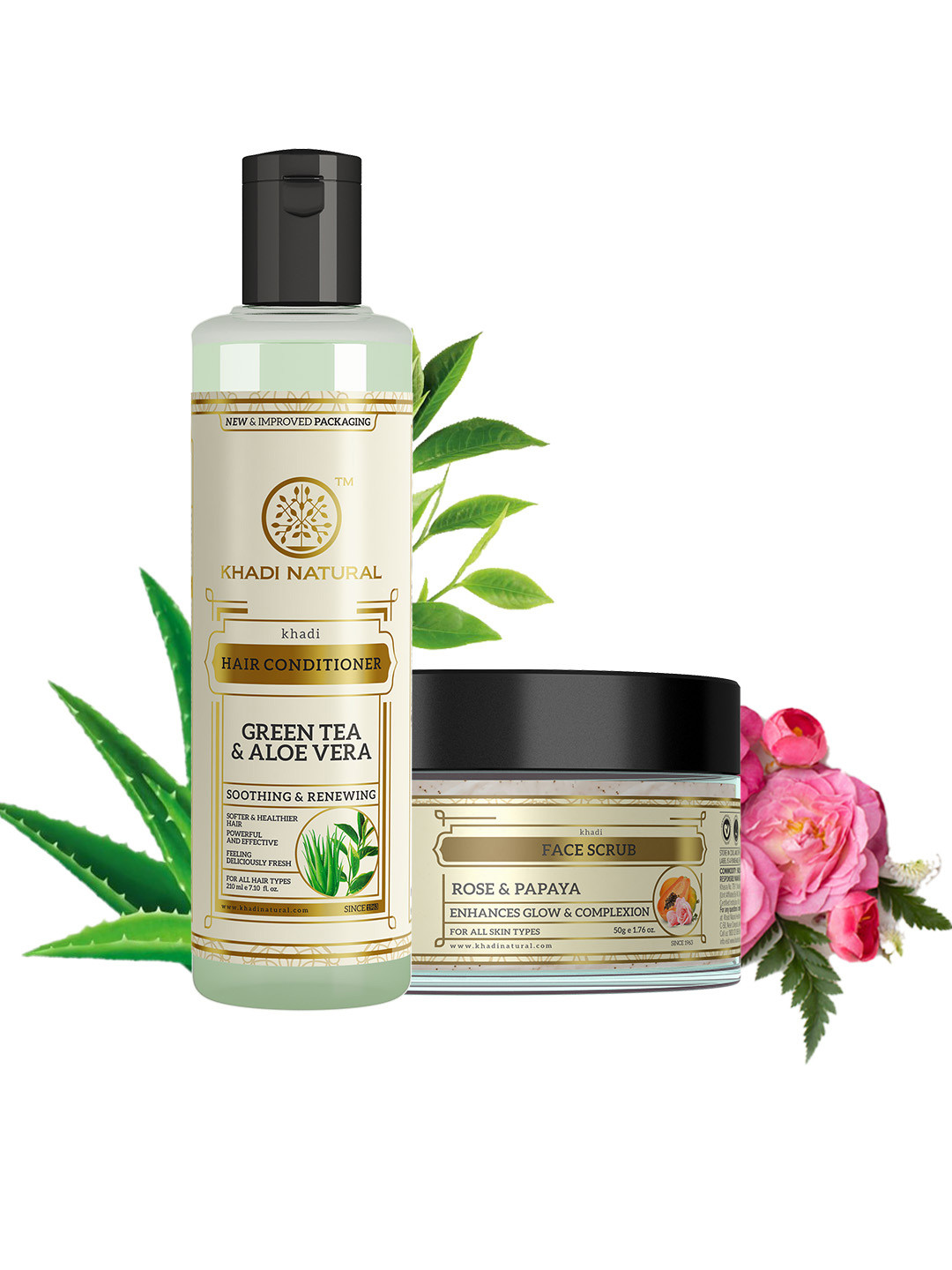 Khadi Natural Green Tea Aloevera Hair Conditioner + Rose & Papaya Face Scrub - 210ml+50ml