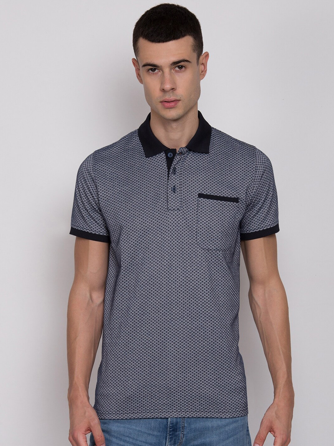 Matinique Men Navy Blue & White Polo Collar Pockets T-shirt