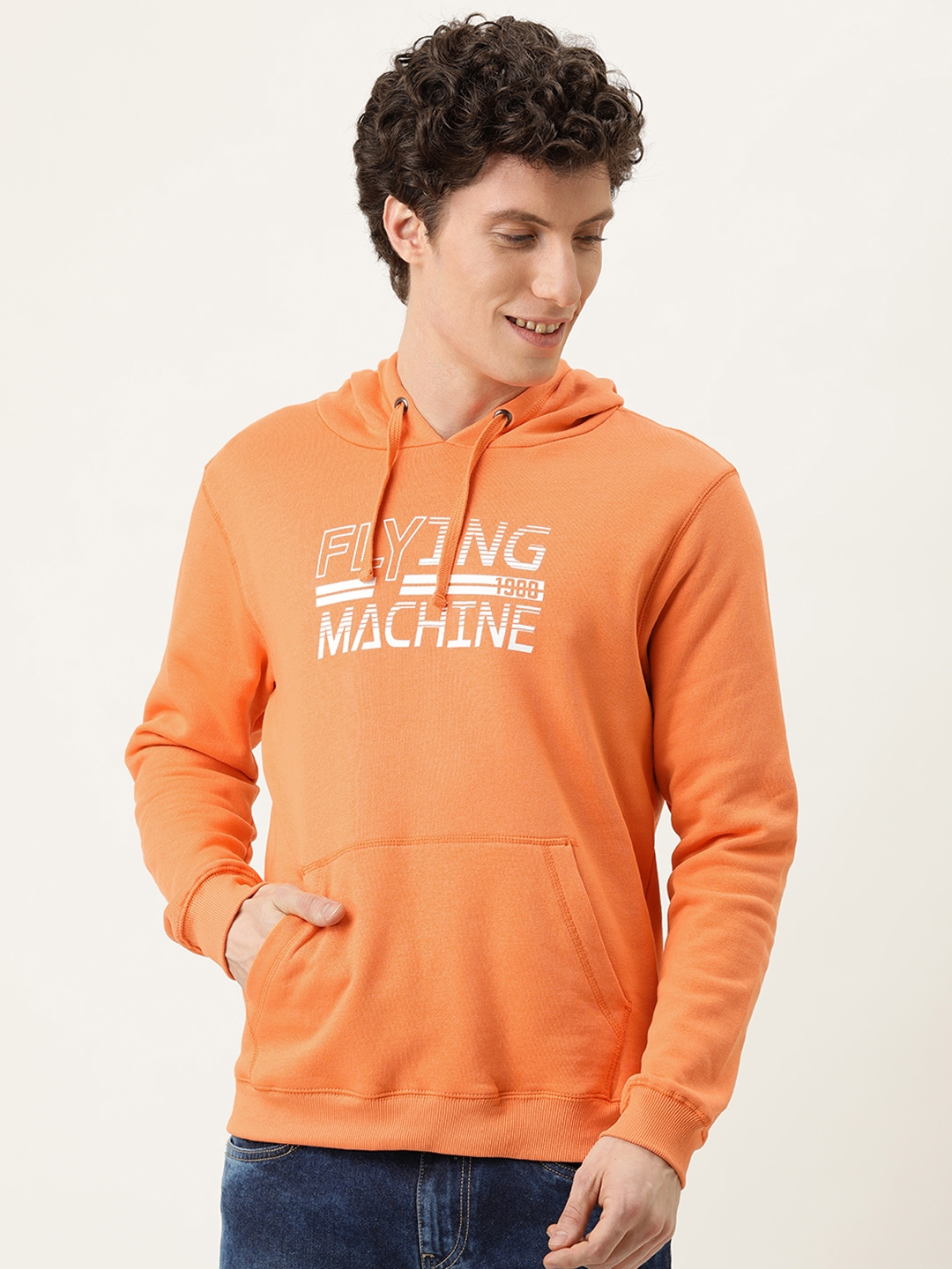 Flying Machine Men Orange Logo Pure Cotton Hooded Pullover Sweatshirt