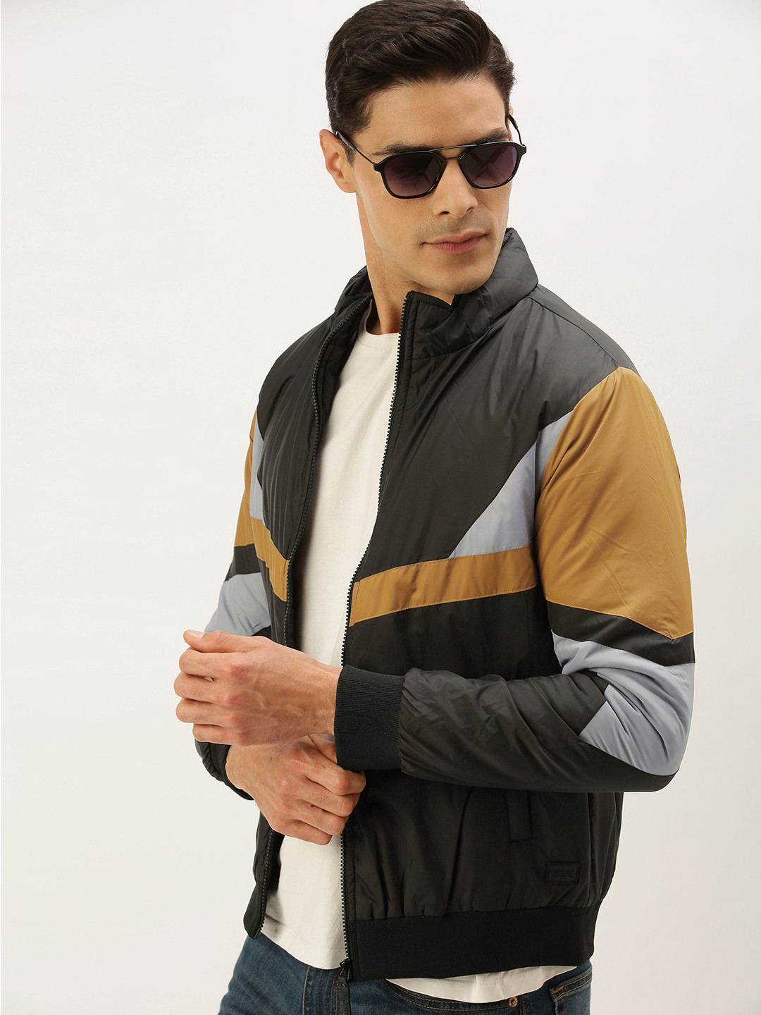 Flying Machine Men Black & Mustard Yellow Colourblocked Bomber Jacket
