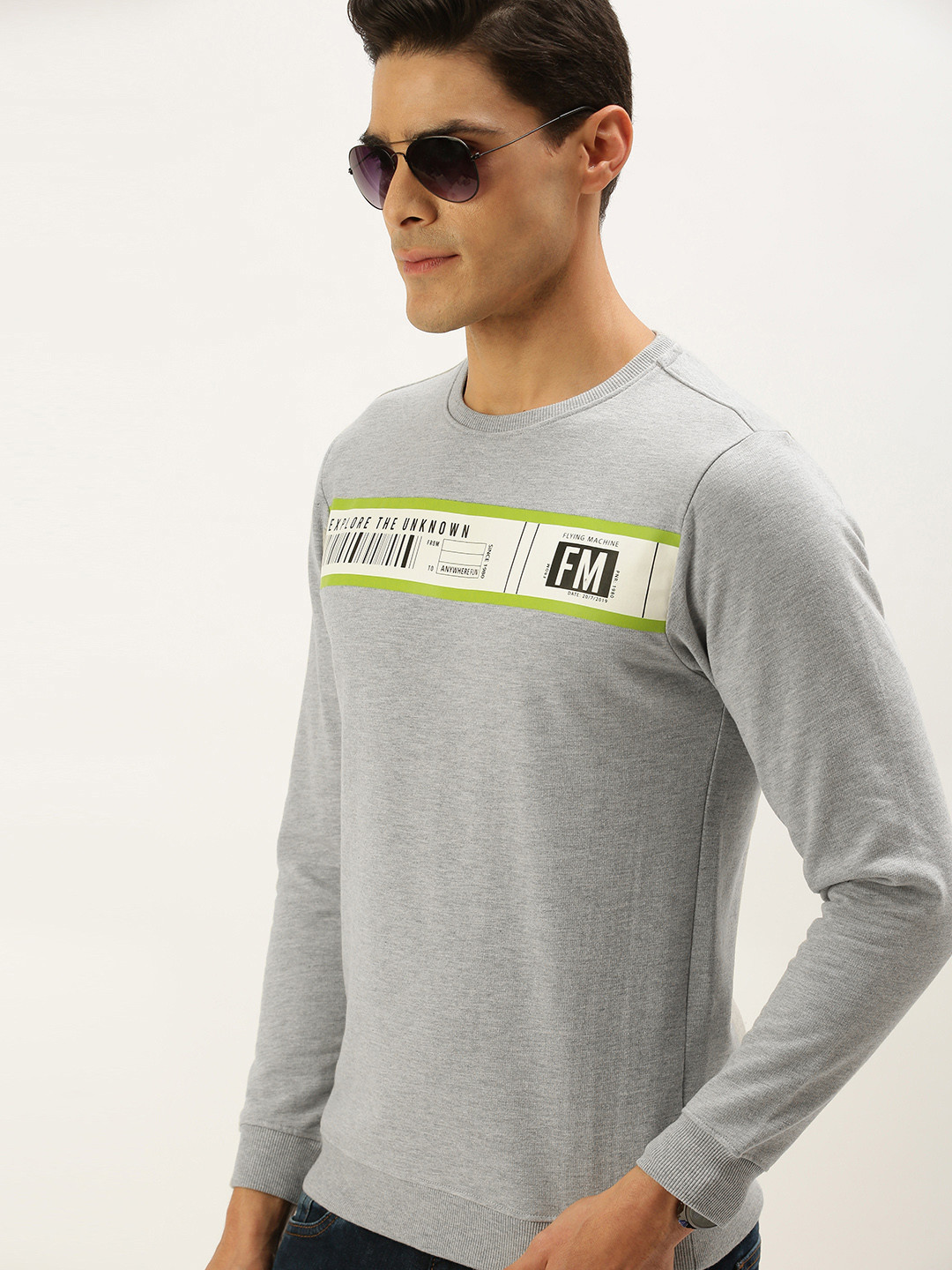 Flying Machine Men Grey Melange & White Printed Sweatshirt