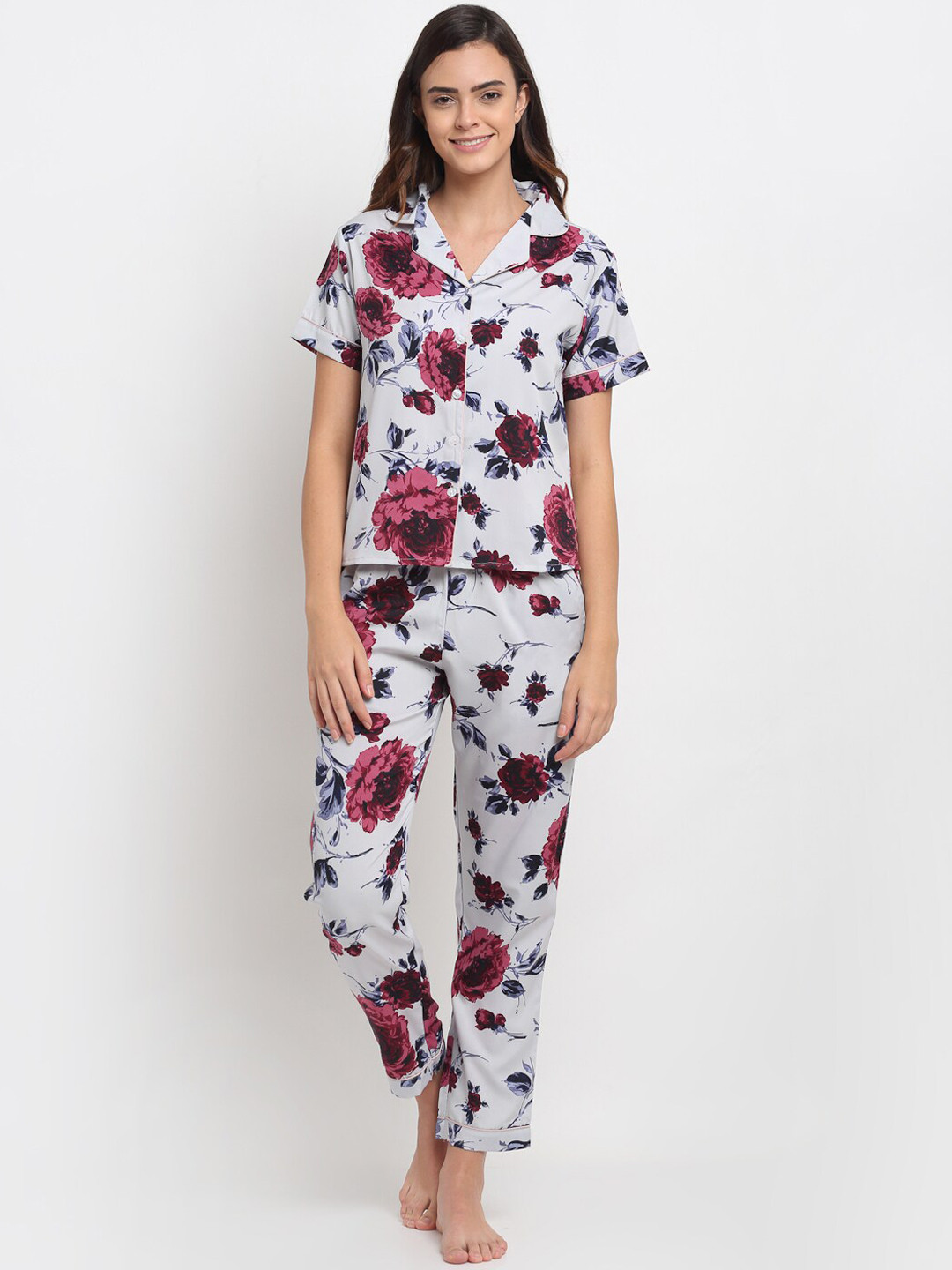 Aoba Women Grey & Burgundy Printed Night suit