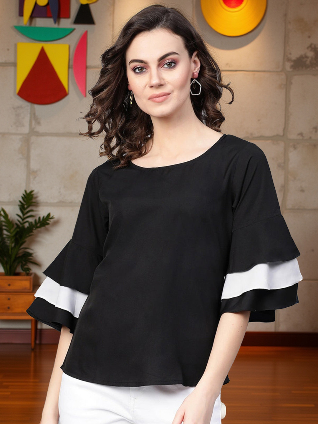 Pannkh Women Black And White Bell Sleeve Regular Top