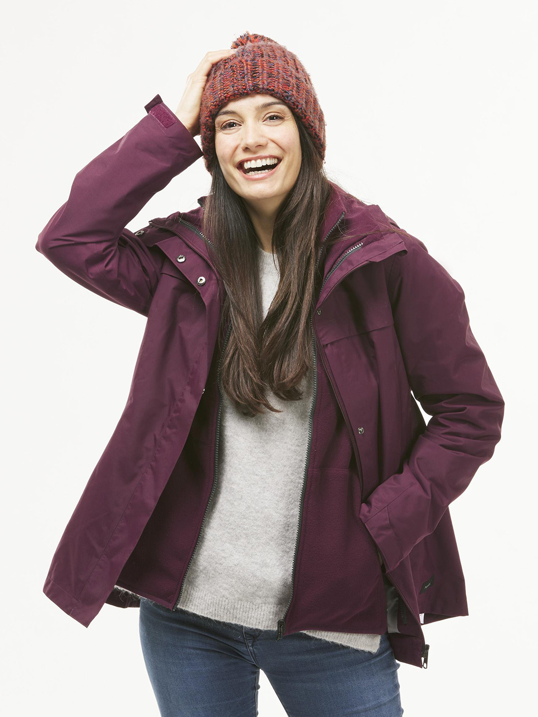 Decathlon FORCLAZ Women Burgundy Waterproof & Warm 3 In 1 Travel Trekking Jacket