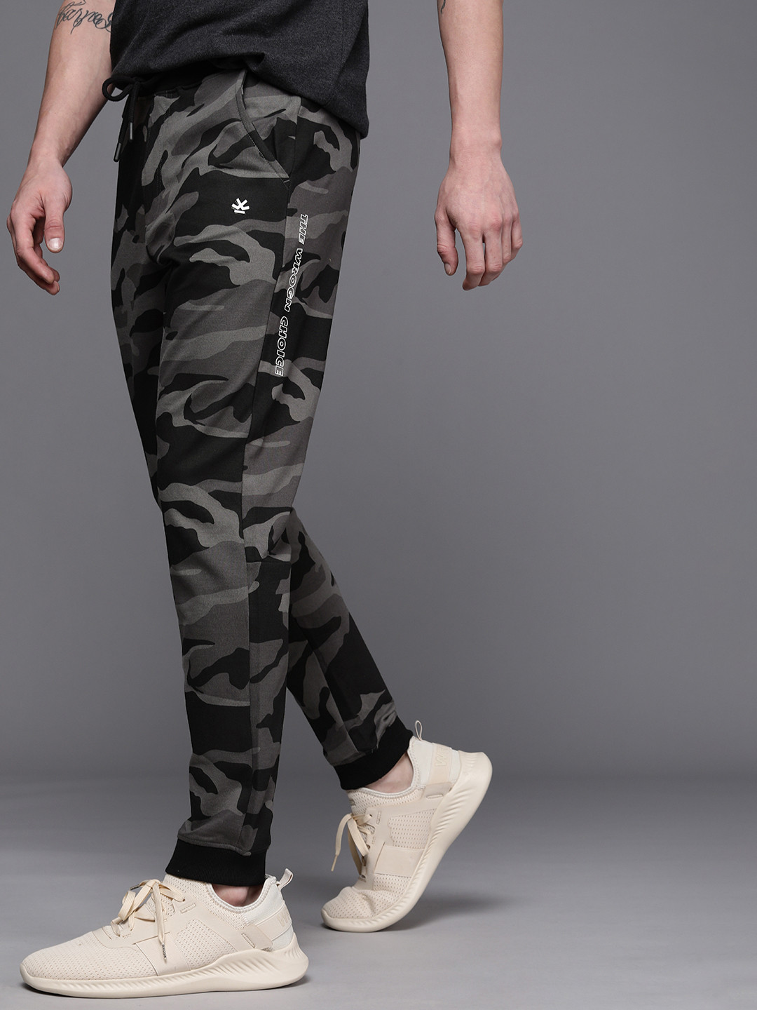 WROGN Men Black & Grey Slim Fit Camouflage Printed Joggers