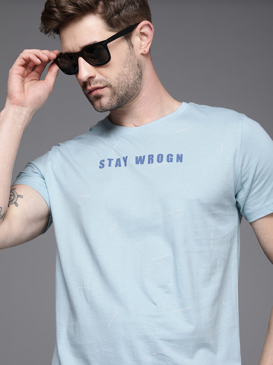 WROGN Men Light Blue Slim Fit Typography Printed Pure Cotton Casual T-shirt