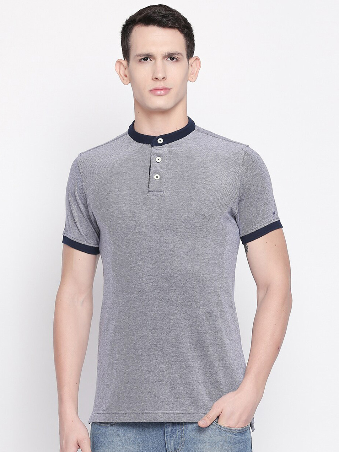 Basics Men Navy Blue Mandarin Collar Muscle Fit T-shirt