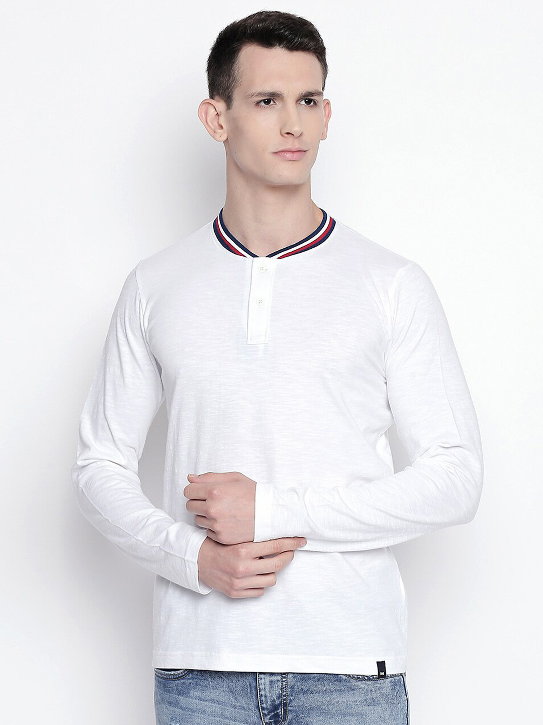 Basics Men White Henley Neck Slim Fit T-shirt