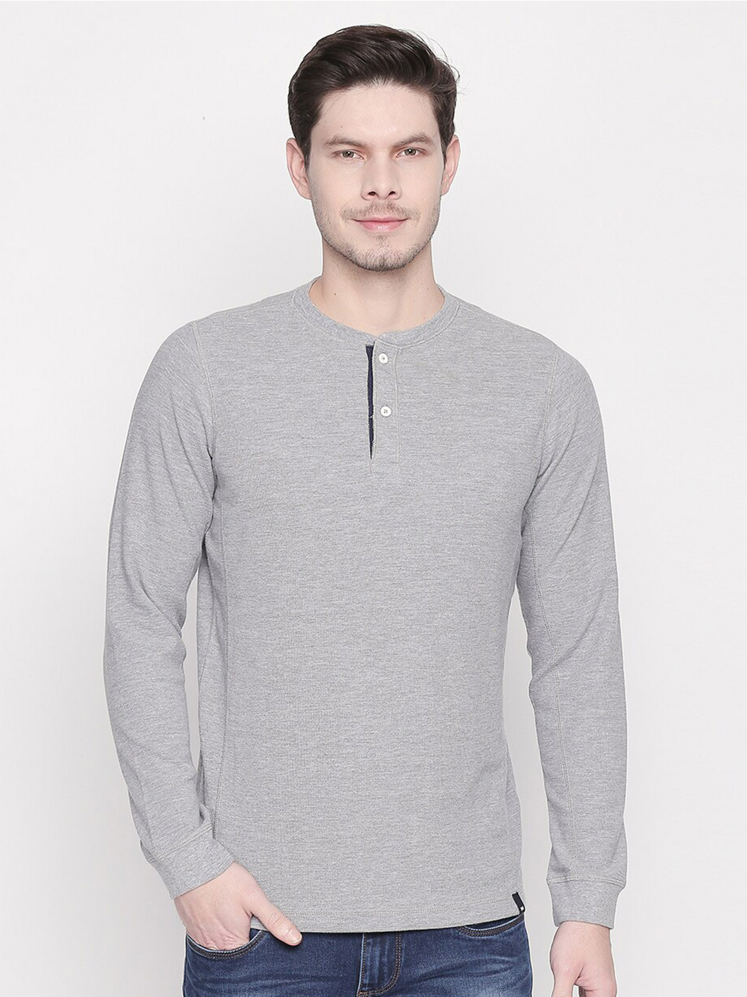 Basics Men Grey Henley Neck Muscle Fit T-shirt