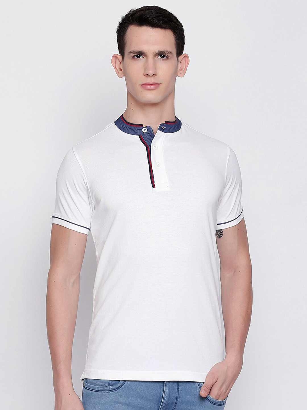 Basics Men White Mandarin Collar Muscle Fit T-shirt