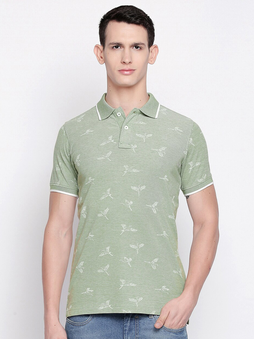 Basics Men Green Printed Polo Collar Muscle Fit T-shirt