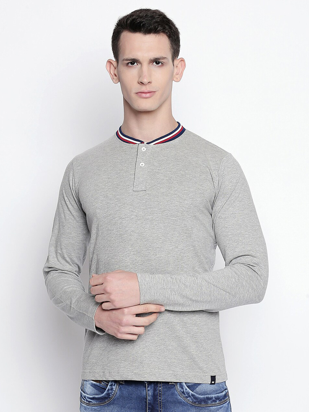 Basics Men Grey Henley Neck Muscle Fit T-shirt