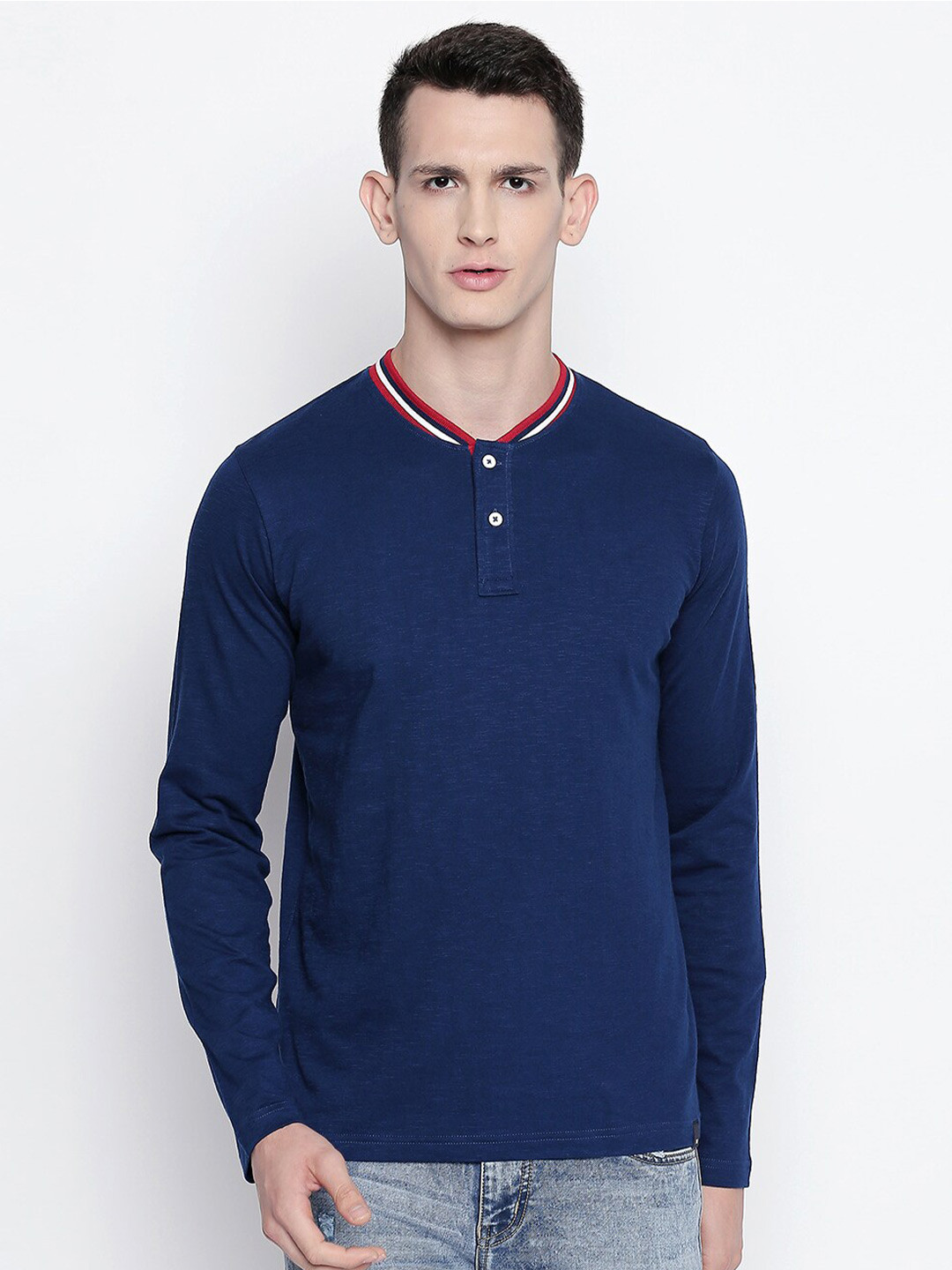 Basics Men Navy Blue Henley Neck Muscle Fit T-shirt