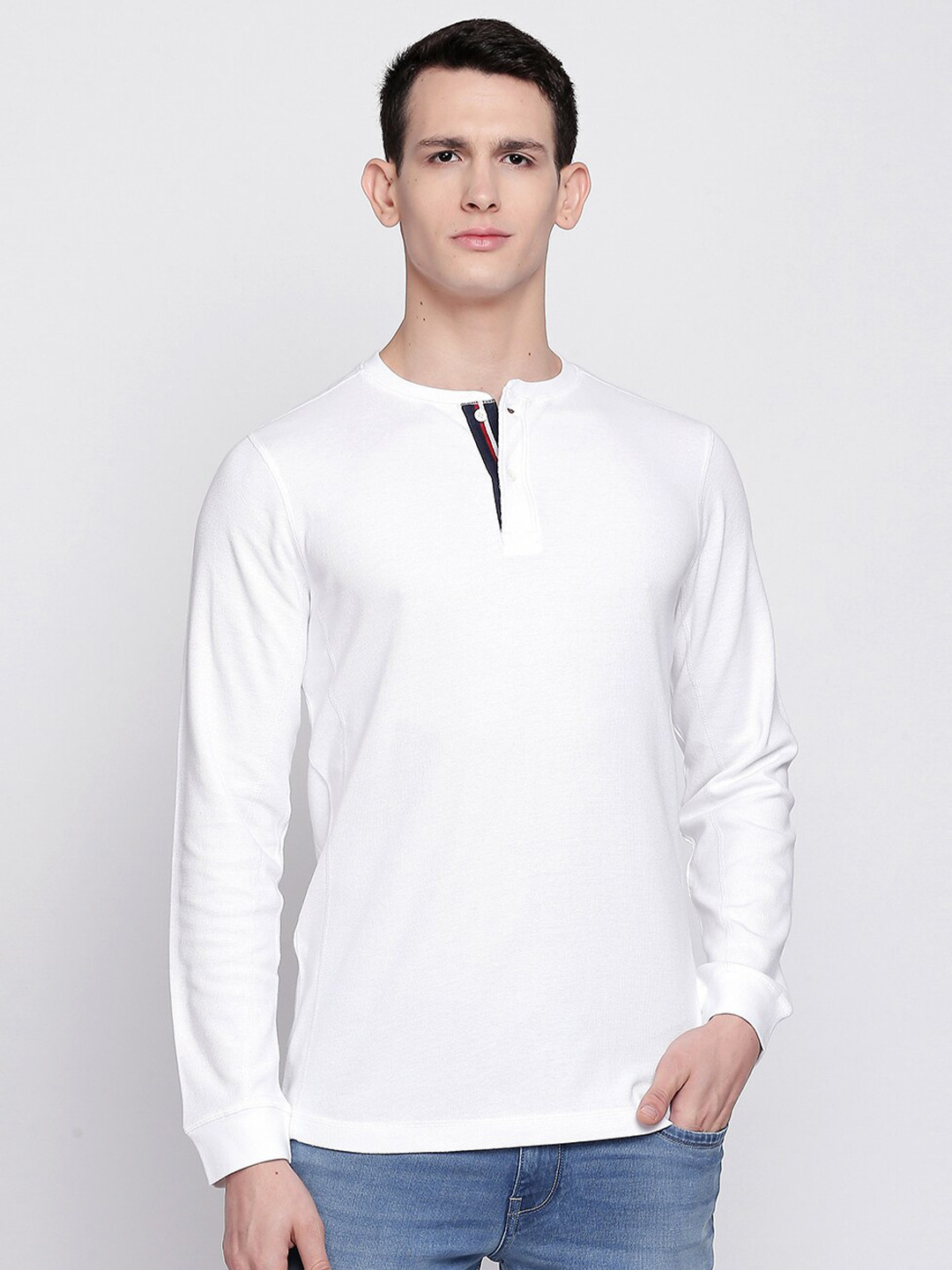 Basics Men White Henley Neck Muscle Fit T-shirt